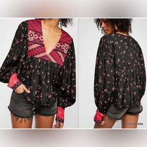 Free People Top Womens M Black Lady Lou Embordered Floral Boho Peasant Blouse
